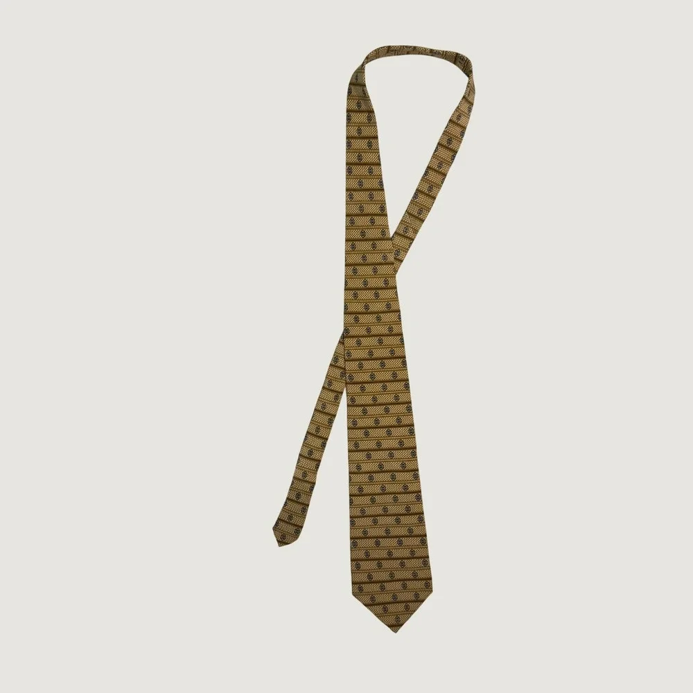 Claiborne Mens Silk Tie Gold Brown Geometric Medallion Striped Made in USA